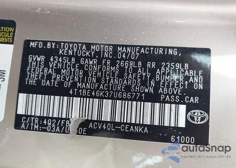 2007 Toyota Camry Le from USA, damaged, VIN 4T1BE46K37U686771